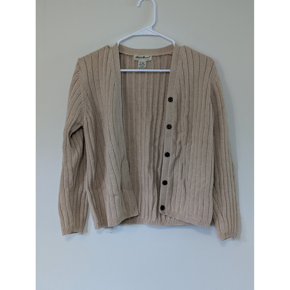 Eddie Bauer Womens Beige Ribbed Cotton Button Front Cardigan Sweater M Academia